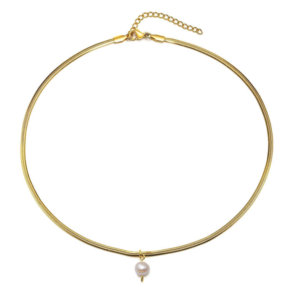 Stainless Steel Gold Plated Zircon Flat Snake Chain Pendant